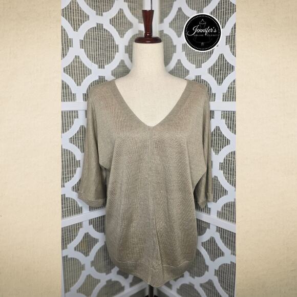 Talbots Tan/Taupe Linen Double V Neck Dolman Elbow Sleeve Lightweight Sweater M - Picture 1 of 10